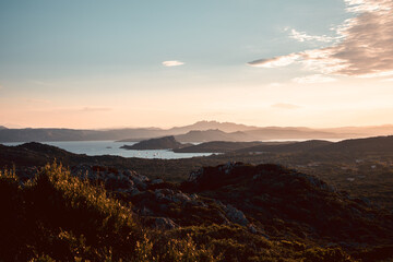 Views of the rocks and peaks of the La Maddalena archipelagos in Sardinia, Italy, from the deserted island of Caprera. Natural reserve landscapes.