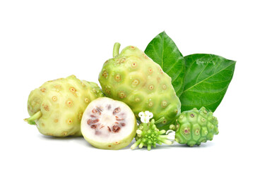 Noni or Morinda Citrifolia fruits with sliced and green leaf isolated on white background (Rubiaceae Noni, great morinda, indian mulberry, beach mulberry, cheese fruit, Gentianales)