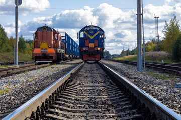 Obraz premium Train. Old diesel locomotive on the railway.