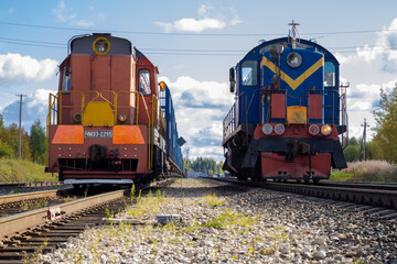 Train. Old diesel locomotive on the railway.