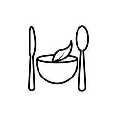 Vegetarian restaurant line icon. spoon, knife, leaf icon on top of bowl. Design template vector