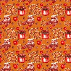 New Year and Christmas seamless pattern of watercolor elements: cookies, tea mug, herringbone, oranges, socks, snowman
