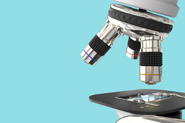 96 MPx high resolution renders of electronic microscope with fictive design isolated on blue - medical 3d illustration, genetic research concept