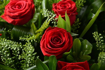 Red roses bouquet for valentine day. Love theme.Close up 