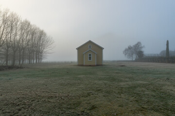 church in fog