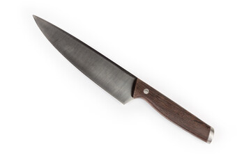 Kitchen large chef's knife on white background, top view