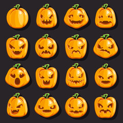 Halloween jack o lantern pumpkin scary faces smile decoration emoji icons set isolated cartoon design vector illustration