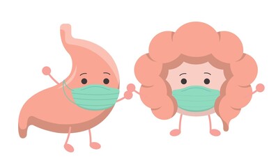 Organ wearing a mask, intestines and stomach, illustration icon cartoon character, vector flat design, isolated on white background