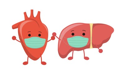 Organ wearing a mask, heart and liver, illustration icon cartoon character, vector flat design, isolated on white background