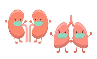 Organ wearing a mask, lungs and kidneys, illustration icon cartoon character, vector flat design, isolated on white background