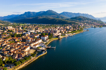 Fototapeta na wymiar Aerial view of Luino, is small town on the shore of Lake Maggiore in province of Varese, Italy