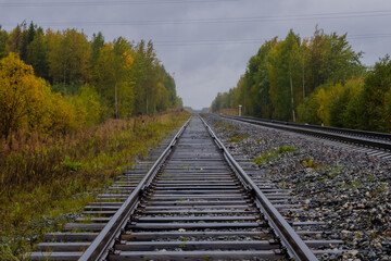 Obraz premium Railroad. Railroad tracks made of metal and concrete.