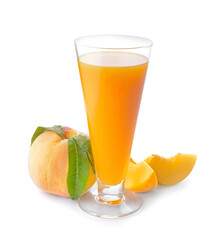 Glass of fresh peach juice on white background