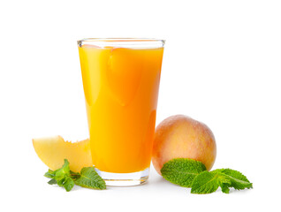 Glass of fresh peach juice on white background