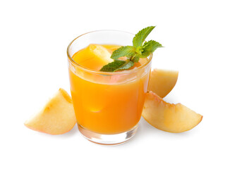 Glass of fresh peach juice on white background