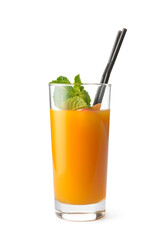 Glass of fresh peach juice on white background