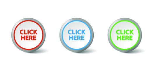 Set CLICK HERE push color buttons icon for internet website with drop shadow. Business vector illustration.