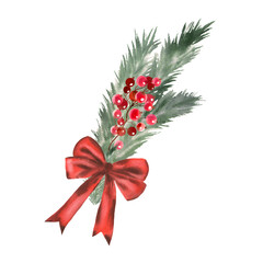 Hand paint watercolor Christmas illustrationt of spruce branch, poinsettia, holly and red berries on white background. Perfect for winter holidays design: greeting cards, prints, packaging and more. 