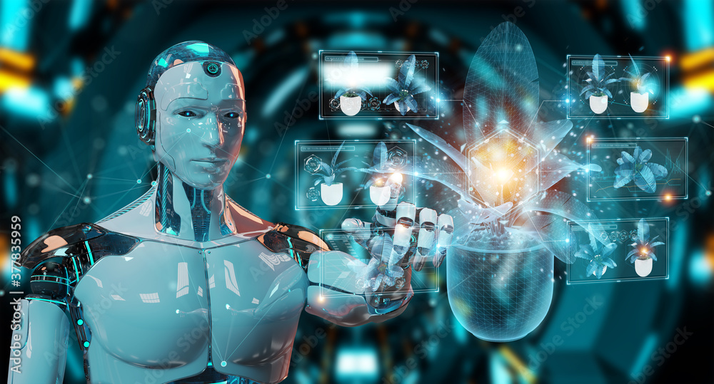 Leinwandbilder robot holding and touching holographic projection of a plant with digital analysis 3d rendering