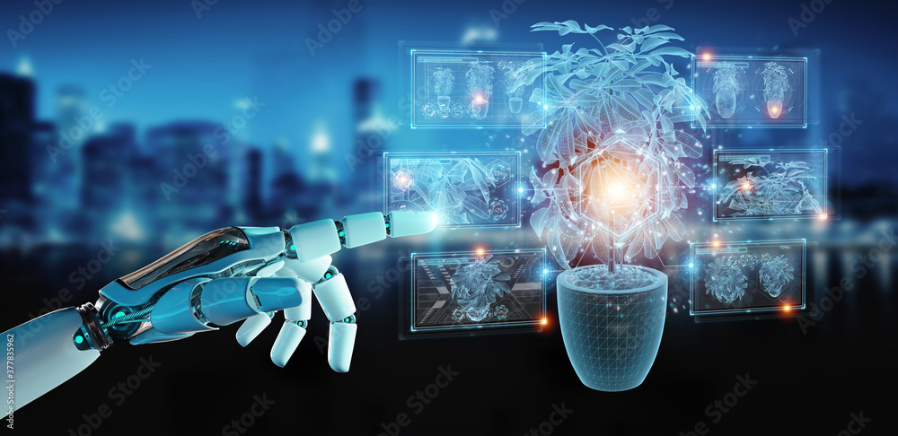 Leinwandbilder robot hand holding and touching holographic projection of a plant with digital analysis 3d rendering