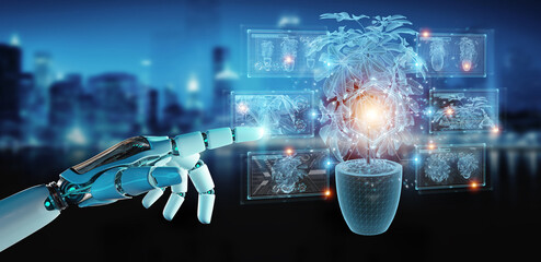 Robot hand holding and touching holographic projection of a plant with digital analysis 3D rendering