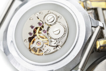 Inside view of watch mechanism, closeup