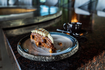cup of coffee and caramel cake