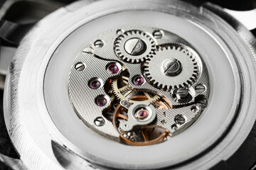Inside view of watch mechanism, closeup