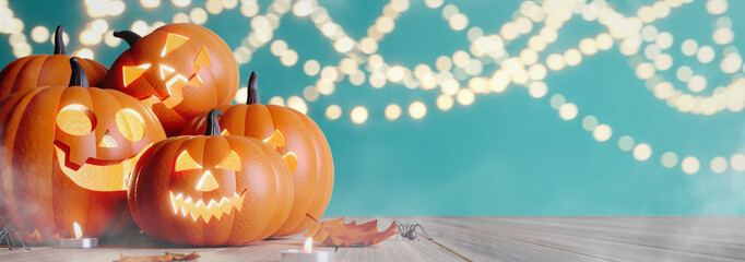 Halloween party. Jack O Lanterns on wood with bokeh  background. 3d illustration