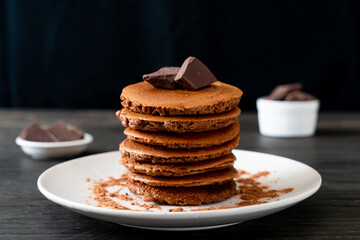 chocolate pancake stack on plate