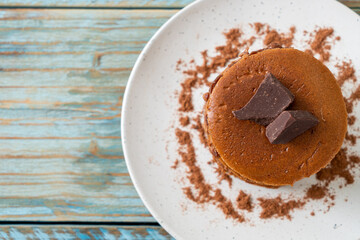 chocolate pancake stack on plate