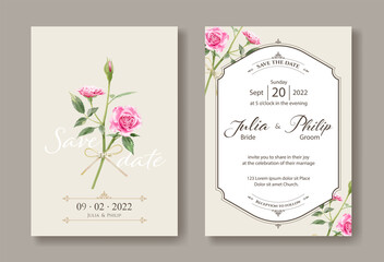Set of vintage wedding cards, save the date template. Pink roses image. Vector.