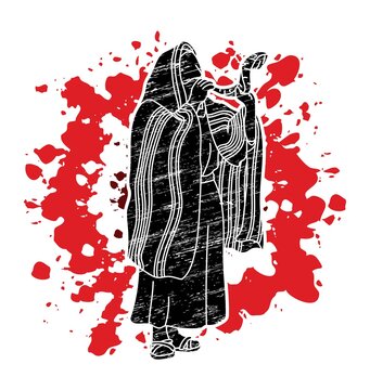 person blowing shofar red splatter background clip art preview
