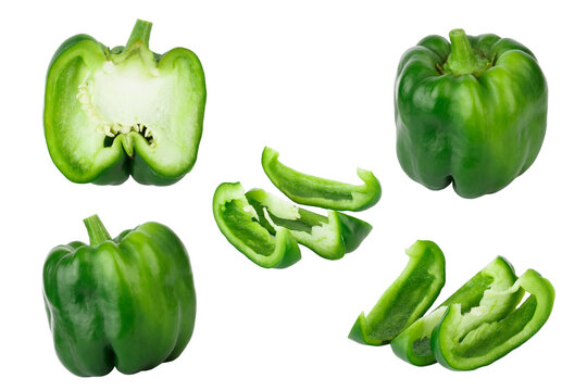 Green raw bell peppers, white background