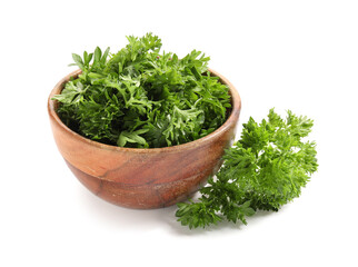 Fresh parsley in bowl on white background
