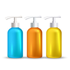 Sunblock Foamy Skincare Liquid Bottles Set Vector. Hygienic Sunblock Foam Gel Transparent Multicolored Blank Containers. Skin Protect Suntan Lotion Packages With Pump Layout Realistic 3d Illustrations