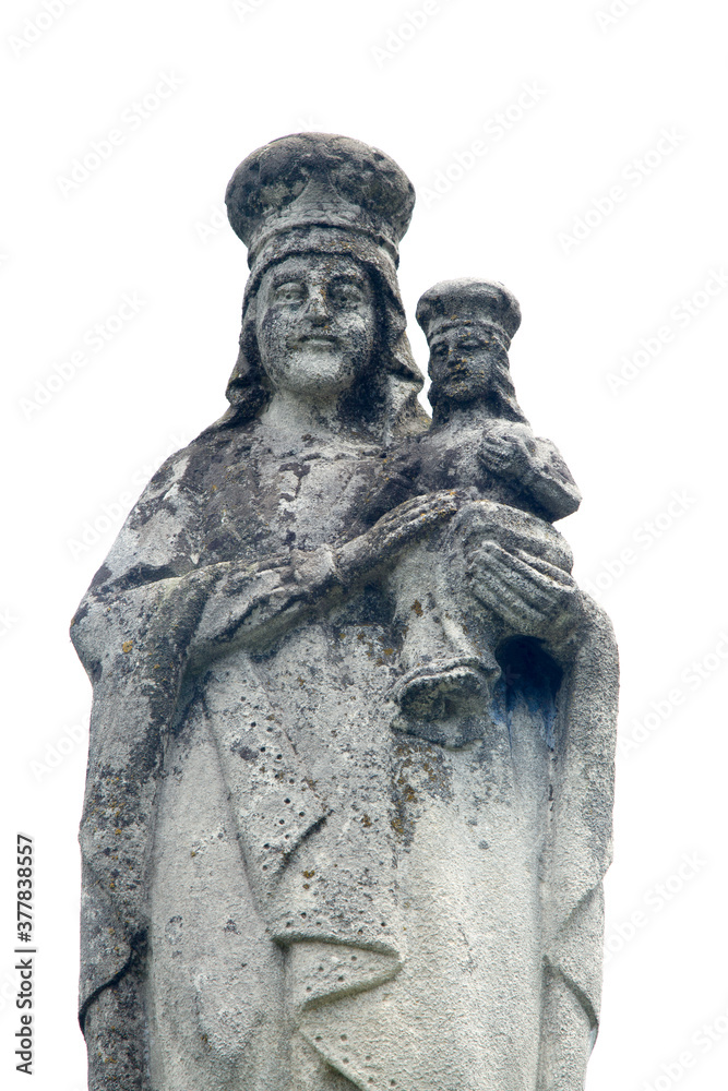 Wall mural Queen of Heaven. Very ancient stone statue of the Virgin Mary with Jesus Christ isolated on white background. Vertical image.