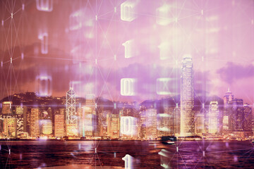 Fototapeta premium Data theme hologram drawing on city view with skyscrapers background double exposure. Ai concept.