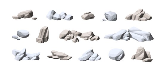Collection of big and small heavy stones. Set of natural solid rocks. Composition of cobblestone piles. Cartoon vector illustration of gray boulders isolated on white background - obrazy, fototapety, plakaty