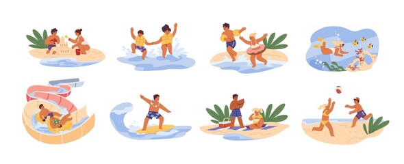 Cute children play games on summer beach. Siblings swim, dive at sea, slide at aquapark, build sand castle and surf. Scene of childhood recreation. Flat vector cartoon illustrations isolated on white