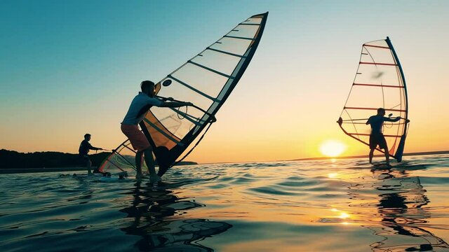 Group of men are trying to manage sails of windsurf boards