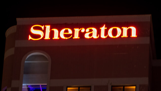 SHERATON Hotel  neon Illuminated signboard in Saigon, Vietnam 28 february 2020