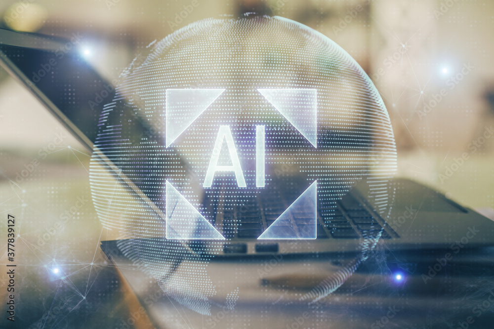 Aufkleber Double exposure of table with computer on background and data theme hologram. Data technology concept.