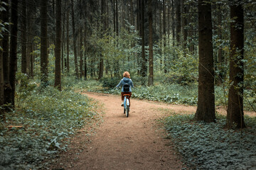Fototapeta premium A woman rides into the distance along a forest road on a bicycle