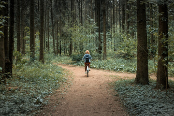 A woman rides into the distance along a forest road on a bicycle