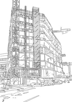 Digital line illustration of the construction of a new building on Operagata in central Oslo, at night, Norway