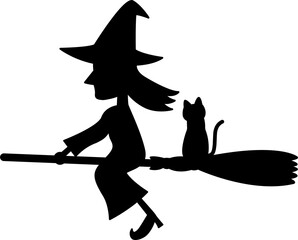 ほうきで空を飛ぶ魔女と黒猫のシルエット