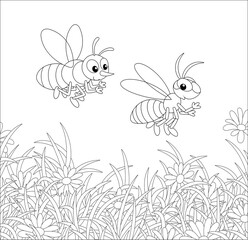 Striped bee and wasp buzzing and flying over a field with flowering chamomiles on a warm summer day, black and white vector cartoon illustration for a coloring book page