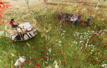 Happy kids having fun on roundabout at playground