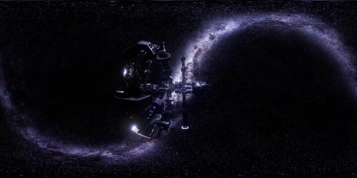 vr 360 futuristic spaceship flying in space with Mily Way. ready for use in virtual reality